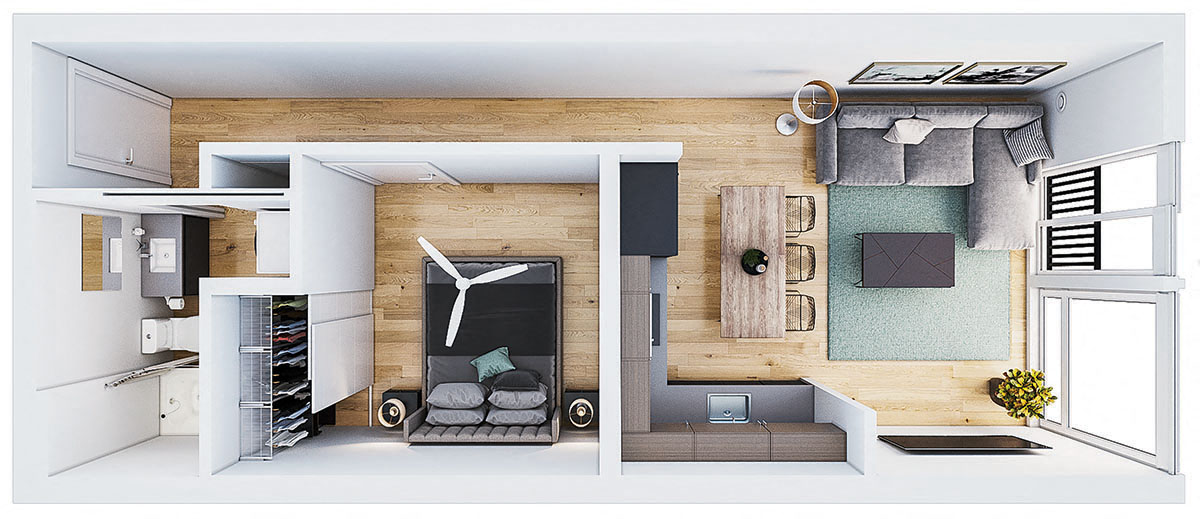 Floor plan for 1 bed, 1 bath, 591 sqft